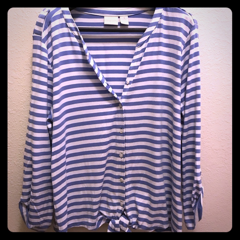 Chico’s striped top. Tie front. Blue and white.